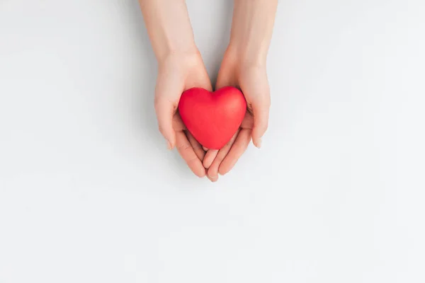 Top View Hands Holding Red Heart Isolated White Background — Stock Photo, Image