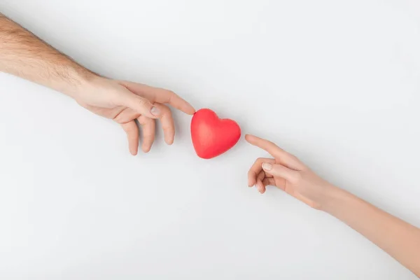 Top View Hands Touching Red Heart Isolated White Background — Stock Photo, Image