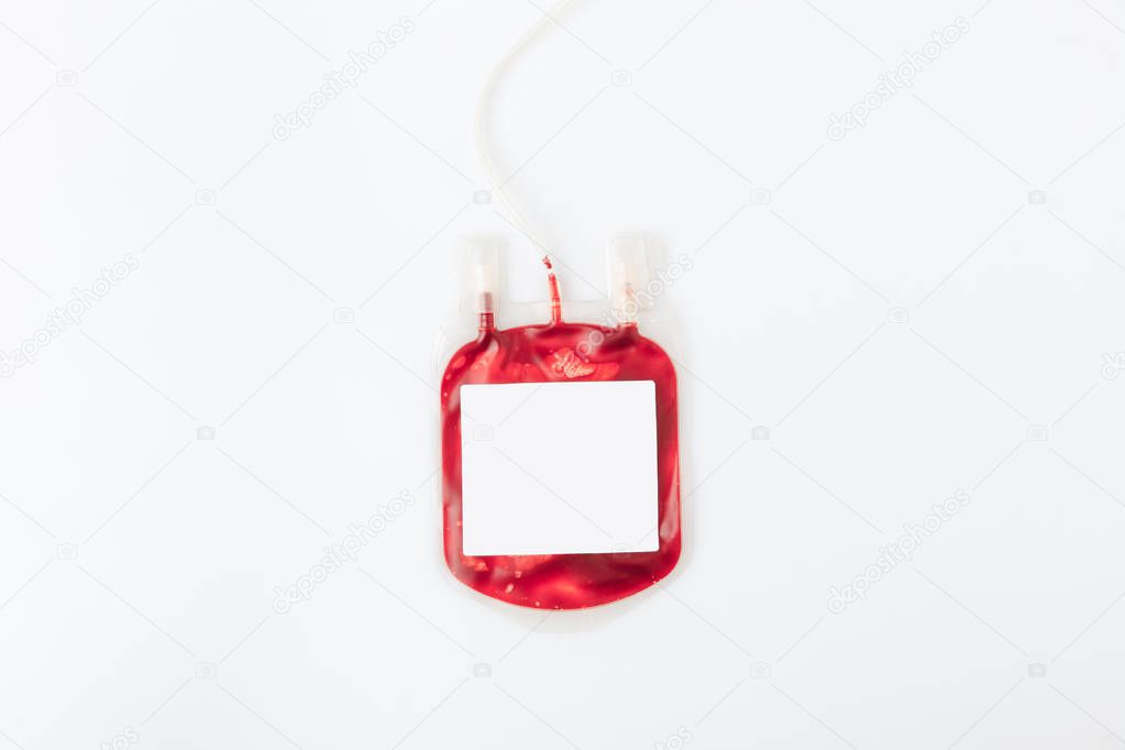 package with blood for transfusion with blank banner isolated on white background