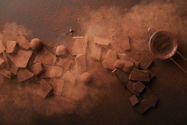 kakao tozu ile çikolata, domalan ve elek çeşitli türde düzenlemenin Üstten Görünüm