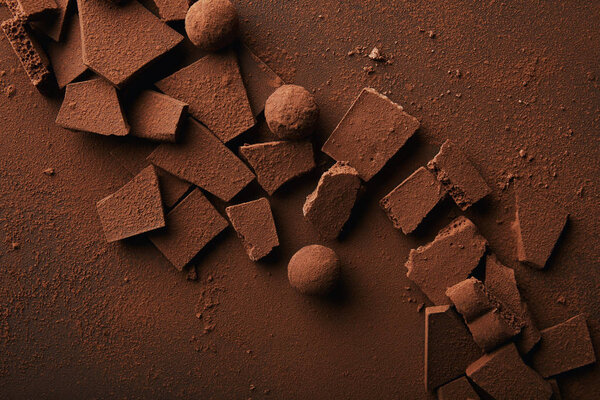 плоский уголок с трюфелями и шоколадными батончиками с какао-порошком на столе
