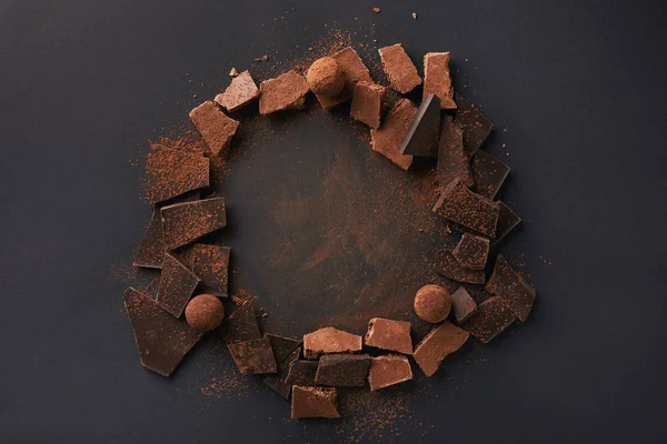 Top View Arrangement Various Types Chocolate Truffles Cocoa Powder Grey — Stock Photo, Image