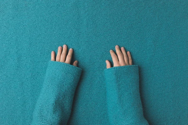 Cropped View Woman Hands Laying Turquoise Fabric — Stock Photo, Image