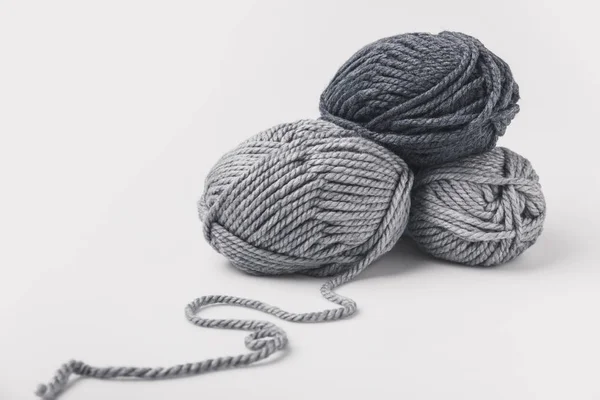 Three Grey Yarn Balls Isolated White — Stock Photo, Image