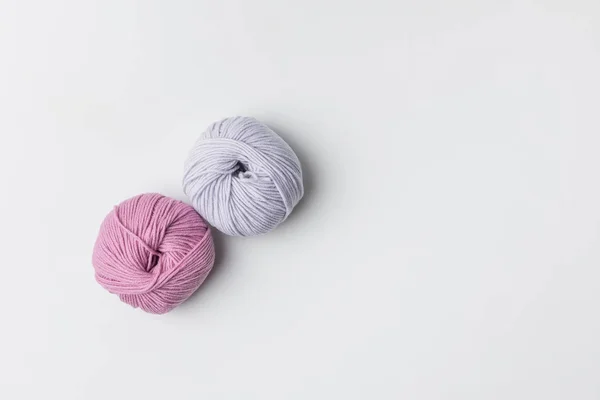 Top view of two yarn balls isolated on white with copy space — Stock Image Top View Two Yarn Balls Isolated White Copy Space Royalty Free Stock Images