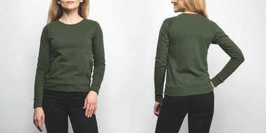 front and back view of woman in blank green sweatshirt isolated on white clipart
