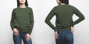 front and back view of young woman in blank green sweatshirt isolated on white clipart