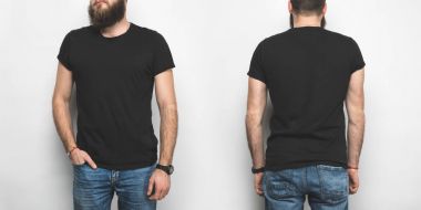 siyah t-shirt üzerinde beyaz izole insanın önden ve arkadan görünüm