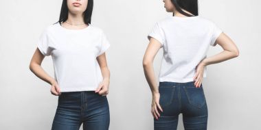 front and back view of young woman in blank t-shirt isolated on white clipart