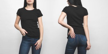 Önden ve arkadan görünüm genç kadının boş siyah t-shirt üzerinde beyaz izole.