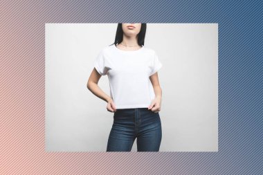 young woman in blank t-shirt on white with creative frame clipart