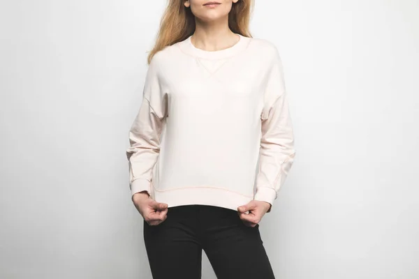 Bijgesneden Schot Van Vrouw Lege Sweatshirt Wit — Stockfoto