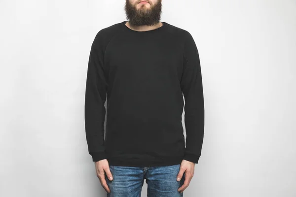 Bijgesneden Schot Voor Man Zwart Sweatshirt Geïsoleerd Wit — Stockfoto