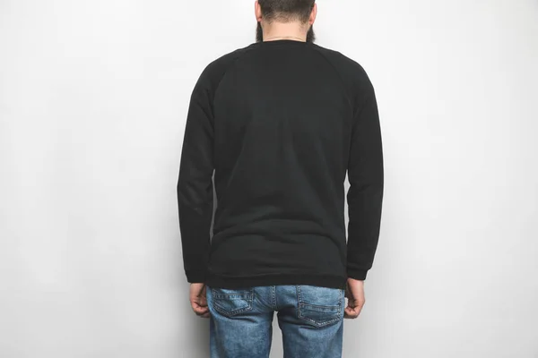 Achteraanzicht Van Mens Zwart Sweatshirt Geïsoleerd Wit — Stockfoto