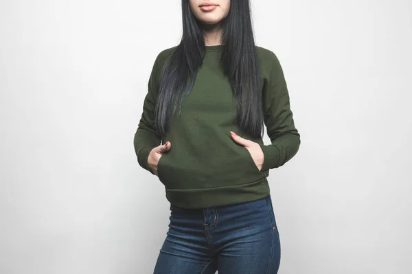 Young Woman Blank Green Sweatshirt White — Stock Photo, Image