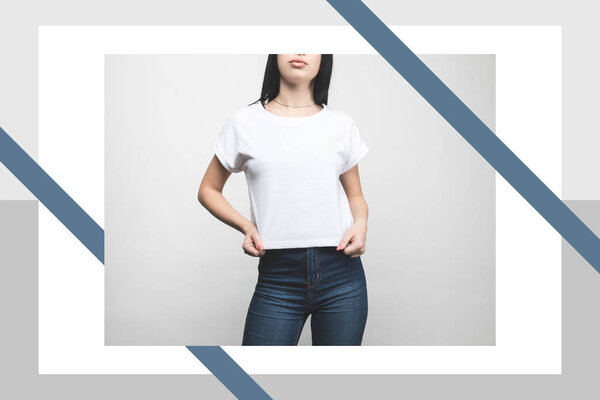 young woman in blank t-shirt on white with creative frame