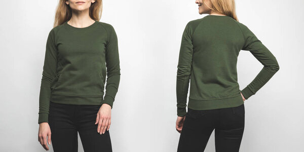 front and back view of woman in blank green sweatshirt isolated on white