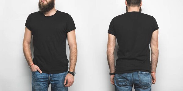 front and back view of man in black t-shirt isolated on white