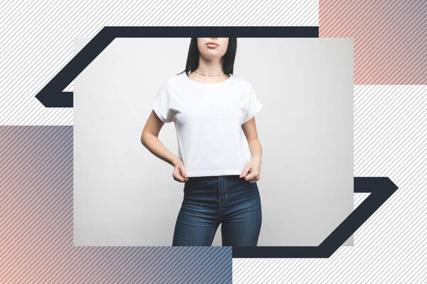 young woman in blank t-shirt on white with creative frame