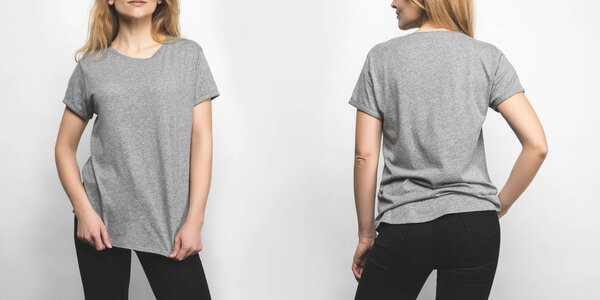front and back view of young woman in blank grey t-shirt isolated on white