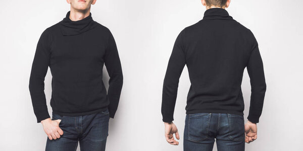 front and back view of man in black sweater isolated on white