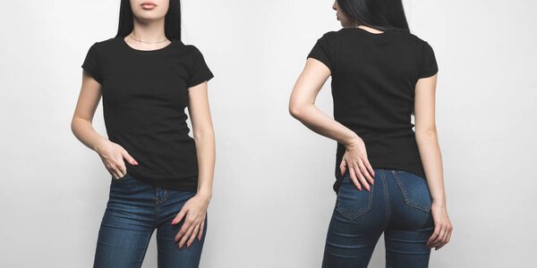 front and back view of young woman in blank black t-shirt isolated on white