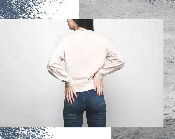 Rear View Stylish Woman Blank Sweatshirt Shirt White Creative Frame — Free Stock Photo