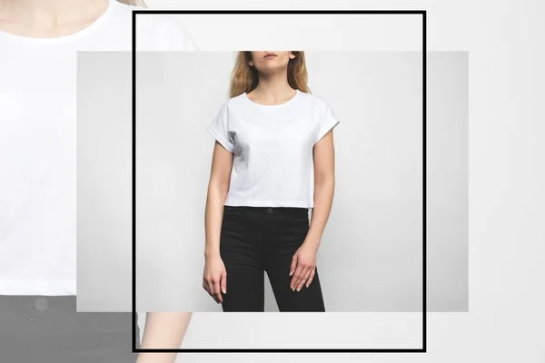 T恤的年轻妇女在白色与创造性的框架 — 图库照片