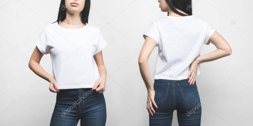 front and back view of young woman in blank t-shirt isolated on white