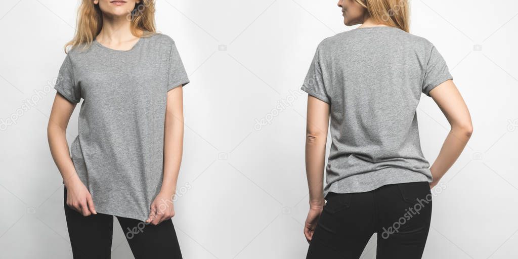 Front and back view of young woman in blank grey t-shirt isolated on white