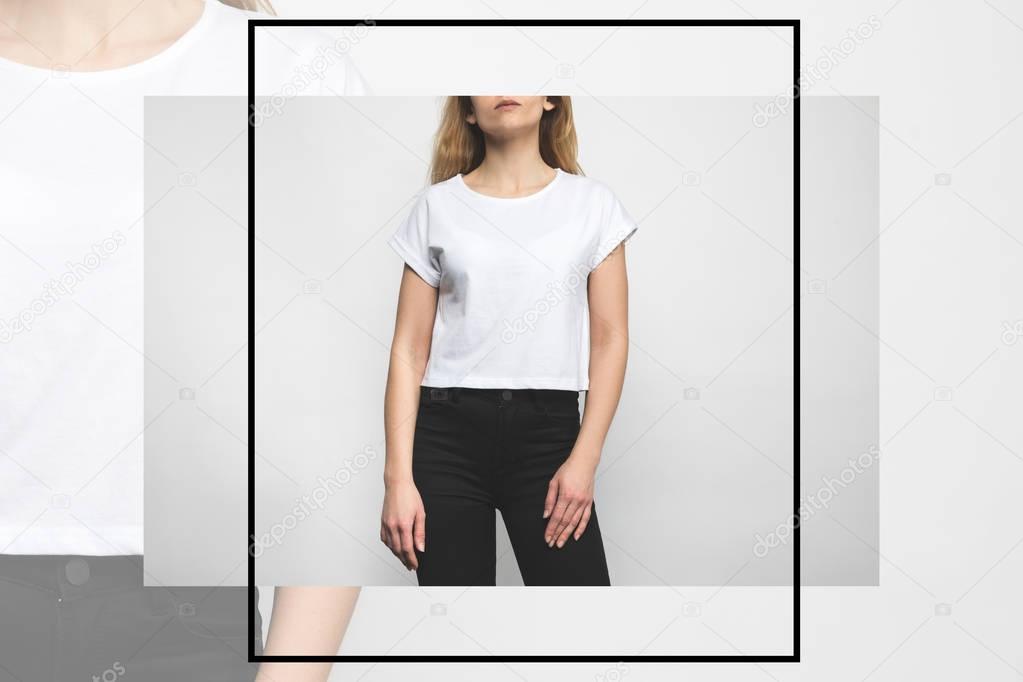 Young woman in blank t-shirt on white with creative frame