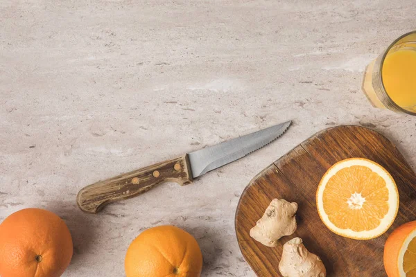 Top View Preparation Homemade Orange Juice Ginger — Stock Photo, Image