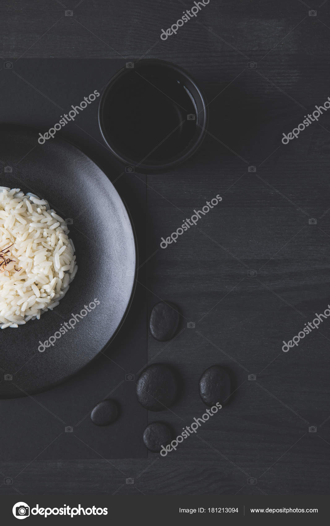 Top View Rice Plate Cup Tea Black Table Stock Photo By C Antonmatyukha Top View Rice Plate Cup Tea Black Table Stock Photo By C Antonmatyukha