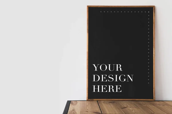 Big Blackboard Text Your Design Here Wooden Table White — Stock Photo, Image