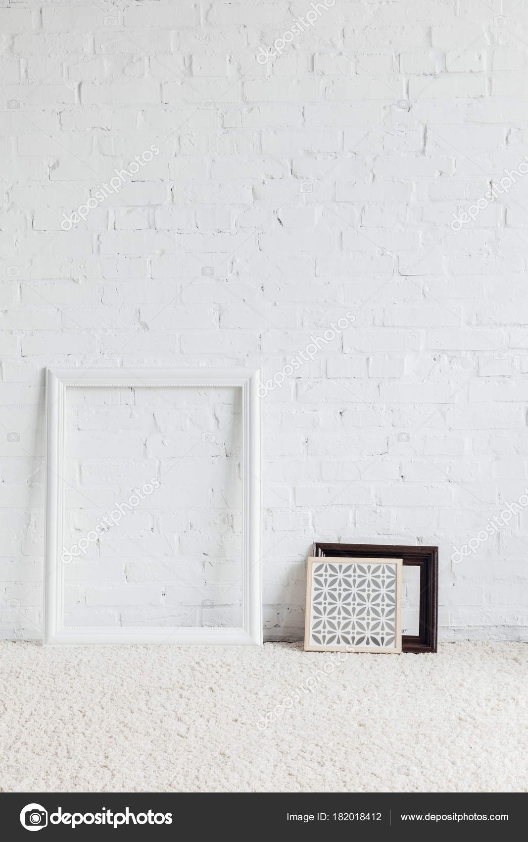 Picture Frames Leaning White Brick Wall Mockup Concept Stock Photo Picture Frames Leaning White Brick Wall Mockup Concept Stock Photo