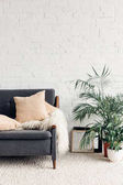 pohodlný gauč s květináči v interiéru bílá obývací pokoj s cihlovou zdí, maketa koncepce