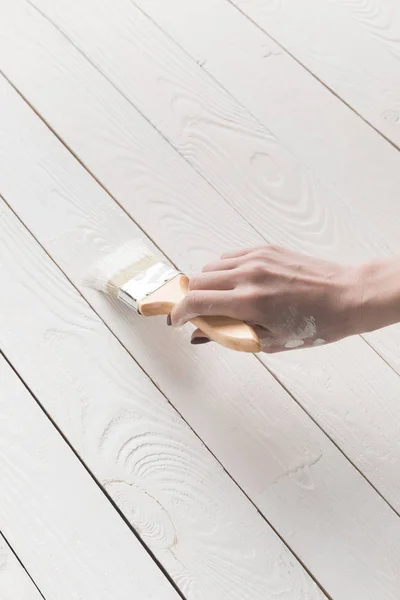 Cropped Image Woman Painting Wooden Surface White Paint — Stock Photo, Image