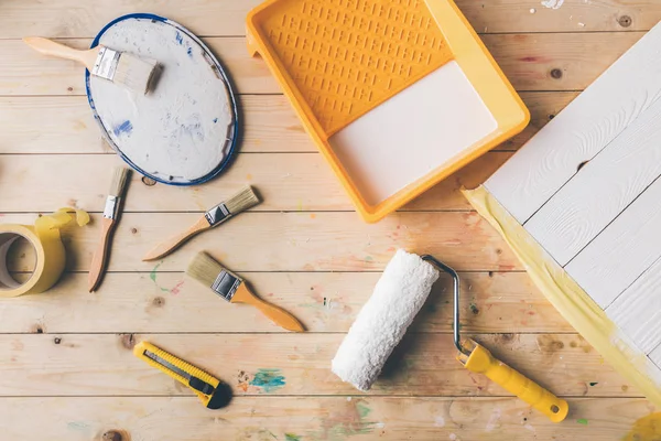 Top View Brushes Paint Roll Brush Wooden Table — Stock Photo, Image