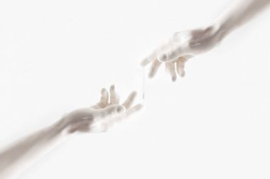 cropped image of woman and man reaching out with hands isolated on white clipart