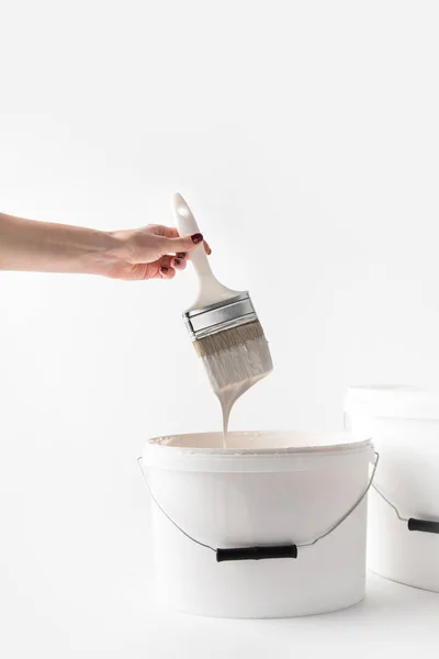 Cropped Image Girl Holding Brush Dripping White Paint Isolated White — Stock Photo, Image