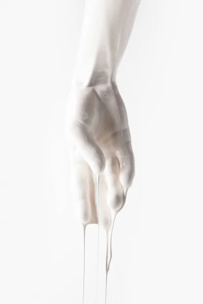 Cropped Image Female Hand White Dripping Paint Isolated White — Stock Photo, Image