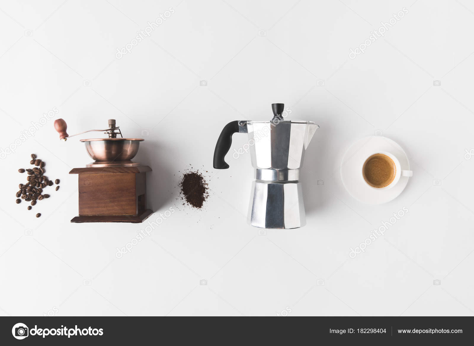 Top View Arranged Coffee Making Supplies Ingredients Cup Coffee White