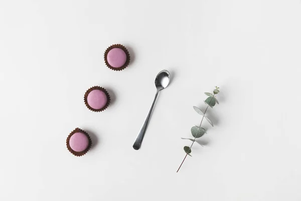 Flat Låg Med Ordnade Macarons Sked Och Eukalyptus Vit Yta — Stockfoto