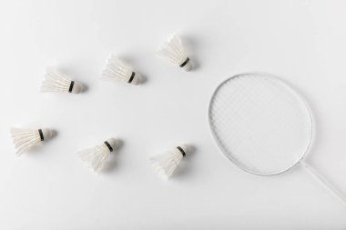 Beyaz masa üzerinde badminton shuttlecocks ve raket Üstten Görünüm