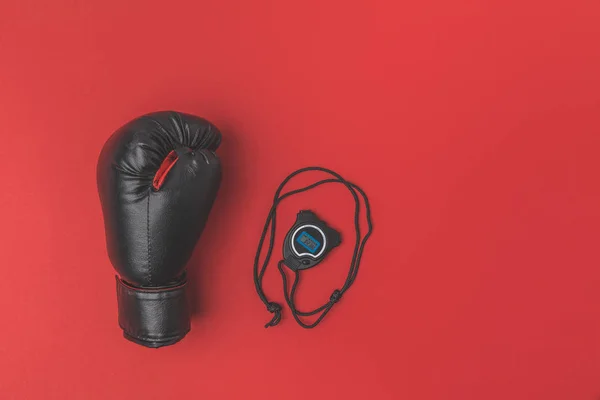 Top View Boxing Glove Stopwatch Red Tabletop — Stock Photo, Image