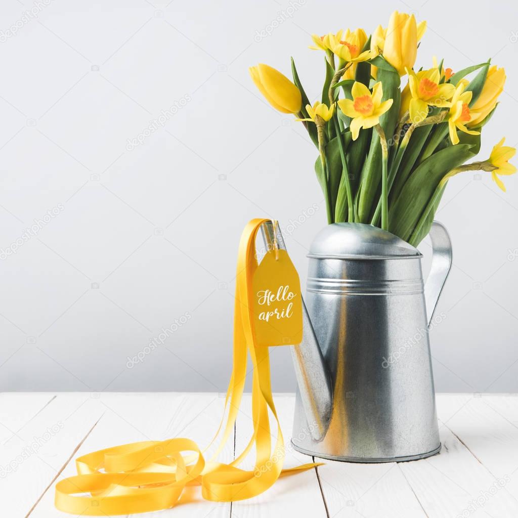 beautiful yellow daffodils and tulips in watering can on grey