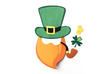 top view of paper decoration of leprechaun with smoking pipe for st patricks day isolated on white