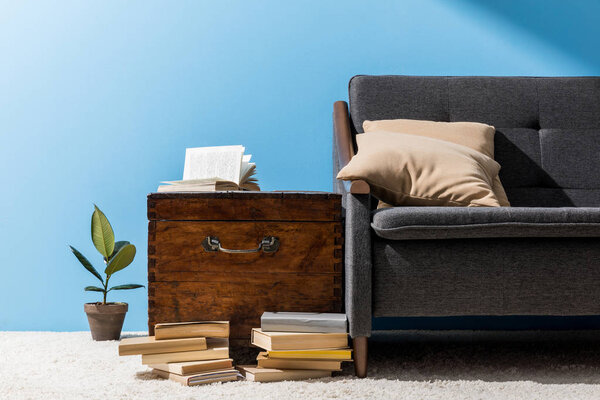 ancient wooden chest with books near couch in front of blue wall