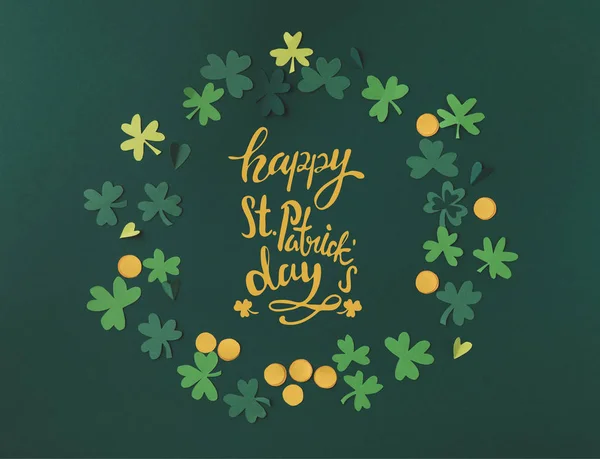 Top View Shamrocks Coins Happy Patricks Day Lettering — Stock Photo, Image