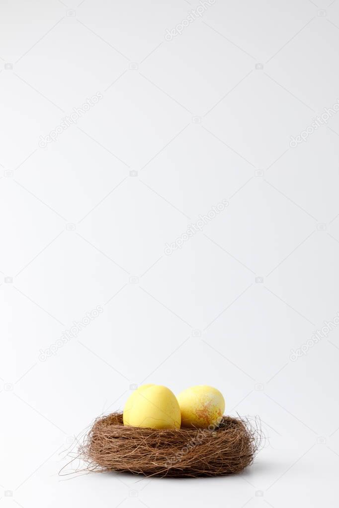 yellow painted easter eggs in decorative nest on white
